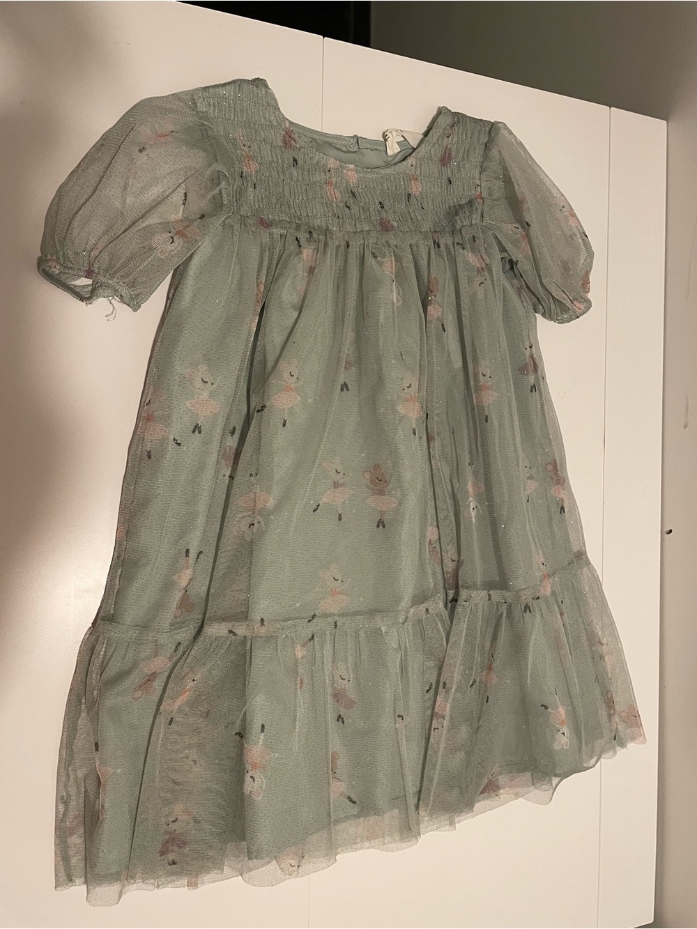 H & M Brand Kid's size 6 Sage Green Tulle Dress Ballerina Bunny Print Smocked